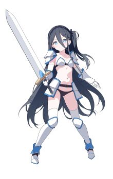 >:) 1girl absurdres alternate_costume aqua_eyes aris_(blue_archive) armband armor armored_boots belt bikini_armor black_belt black_hair blue_archive blue_armband blue_boots blush boots breasts bright_pupils chinese_commentary closed_mouth collarbone commentary elbow_gloves eyes_visible_through_hair full_body gloves gluteal_fold hair_between_eyes highres holding holding_sword holding_weapon jyt long_bangs long_hair long_hair_between_eyes looking_at_viewer multicolored_boots navel no_halo one_side_up pauldrons ringed_eyes shoulder_armor simple_background small_breasts smile solo split_mouth sword thighhighs transparent_background v-shaped_eyebrows very_long_hair weapon white_boots white_gloves white_pupils white_thighhighs