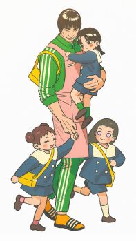 1girl 3boys absurdres aged_down apron bag black_eyes black_hair blue_shirt blue_shorts blue_skirt blush_stickers bowl_cut braid braided_ponytail brown_hair brown_shoes carrying child closed_mouth double_bun full_body green_socks green_track_suit hair_bun highres holding_another's_finger holding_hands hyuuga_neji long_hair long_sleeves looking_at_another m0_mo_momo might_guy multiple_boys naruto_(series) no_pupils open_mouth pink_apron pink_socks purple_eyes rock_lee sandals school_uniform shirt shoes short_hair shorts shoulder_bag skirt smile socks tenten_(naruto) thick_eyebrows track_suit walking white_background white_socks yellow_bag yellow_socks