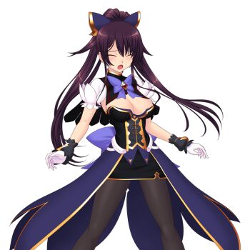 Rule 34 | 1girl, black pantyhose, black skirt, blush, bow, bowtie, breasts, cleavage, closed eyes, floating hair, game cg, genseishinki sacred virth, gloves, hair between eyes, hair bow, hair ornament, high ponytail, large breasts, large variant set, long hair, magical girl, medium breasts, miniskirt, non-web source, official art, open mouth, pantyhose, ponytail, purple bow, purple hair, sacred noire, short sleeves, skirt, solo, standing, strapless, transparent background, variant set, very long hair, white gloves, yuugure pairo, yuuki setsu