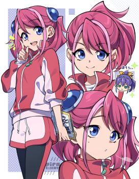 2girls :d artist_name blue_eyes chibi chibi_inset clipboard closed_mouth commentary_request green_eyes hair_ornament hiiragi_yuzu holding holding_clipboard index_finger_raised jacket long_sleeves looking_at_viewer multiple_girls multiple_views open_mouth pink_hair pira_811 ponytail purple_hair serena_(yu-gi-oh!) shorts smile sweatdrop teeth track_jacket twintails upper_teeth_only yu-gi-oh! yu-gi-oh!_arc-v