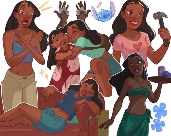 2girls aqua_sarong blue_shorts blue_tank_top brown_hair closed_eyes dark-skinned_female dark_skin dress gonzais grey_pants hammer heart heart_print holding holding_hammer leaf_print lilo_&amp;_stitch lilo_pelekai long_hair midriff multiple_girls multiple_views nani_pelekai open_mouth pants pink_shirt print_dress print_shirt red_dress sarong shirt short_shorts shorts siblings sisters stitch_(lilo_&amp;_stitch) tank_top
