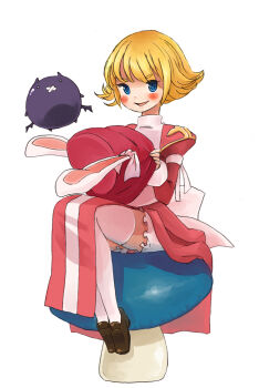 1girl animal_ears back_bow black_shoes blue_eyes blush bow commentary_request creature deviruchi dress fake_animal_ears flipped_hair full_body giant_mushroom hat high_priest_(ragnarok_online) holding holding_unworn_clothes holding_unworn_hat juliet_sleeves long_sleeves looking_at_viewer mushroom on_mushroom open_mouth puffy_sleeves rabbit_ears ragnarok_online red_dress red_hat sash shoes simple_background sitting sitting_on_mushroom smile solo thighhighs two-tone_dress unworn_hat unworn_headwear viennu white_background white_bow white_dress white_sash white_thighhighs