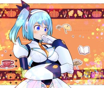 1girl android aqua_hair autumn blue_eyes closed_mouth cup headphones looking_to_the_side mega_man_(series) mega_man_x_(series) mega_man_x_dive plate pumpkin rico_(mega_man) rikka_(user_hruv2435) short_hair side_ponytail smile solo teacup twitter_username upper_body