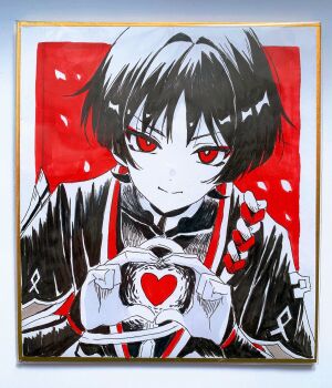 1boy absurdres armor blunt_ends bodysuit border bright_pupils closed_mouth covered_collarbone facing_viewer falling_petals genshin_impact hair_intakes han&#039;eri heart heart_hands highres japanese_armor japanese_clothes jewelry kimono kote layered_kimono layered_sleeves looking_at_viewer male_focus monochrome neck_ring open_clothes open_kimono painting_(medium) partially_colored petals photoshop_(medium) red_background red_eyes red_rope rope scaramouche_(genshin_impact) shimenawa short_sleeves snow20200 solo split_mouth traditional_media tsurime v-shaped_eyebrows white_border white_pupils white_rope