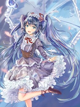 1girl alternate_costume arm_behind_head black_shoes blue_background blue_eyes blue_hair blue_umbrella breasts brown_corset commentary corset cowboy_shot dress enmaided frilled_dress frilled_thigh_strap frills grey_dress hatsune_miku highres juliet_sleeves kototomari long_hair long_sleeves looking_at_viewer maid maid_headdress miku_day open_mouth puffy_sleeves shoes small_breasts smile solo swept_bangs thigh_strap twintails umbrella very_long_hair vocaloid water_drop