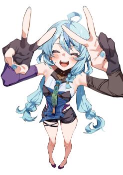 1girl :d ^_^ absurdres ahoge aqua_hair asymmetrical_sleeves black_gloves black_shorts blue_nails blue_streaks braid breasts closed_eyes detached_sleeves double_v facing_viewer fingerless_gloves foreshortening full_body gloves highres long_hair low_twintails mismatched_sleeves mm_(mm_chair) multicolored_hair nail_polish neck_tassel nijisanji open_mouth partially_fingerless_gloves short_shorts shorts side_braid sidelocks simple_background small_breasts smile solo standing streaked_hair tamanoi_nana tamanoi_nana_(1st_costume) tassel teeth twintails two-tone_hair upper_teeth_only v virtual_youtuber white_background