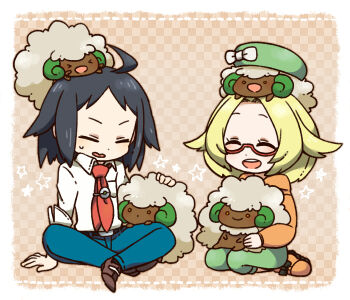 >_< 1boy 1girl ahoge bebe_0620 bianca_(pokemon) black_hair blue_pants breast_pocket cheren_(pokemon) closed_eyes commentary_request deformed gen_5_pokemon green_hat green_pants hat necktie nintendo open_mouth pants pocket pokemon pokemon_(creature) pokemon_black_2_and_white_2 red-framed_eyewear red_necktie seiza shirt sitting smile star_(symbol) whimsicott white_shirt