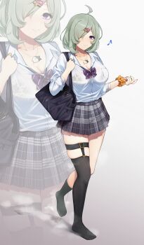 1girl absurdres ahoge animal_print asymmetrical_legwear bag black_thighhighs bow bowtie bra bra_visible_through_clothes breasts cleavage commentary_request footprints green_hair gyaru hair_ornament hairclip highres jewelry large_breasts legwear_garter leopard_print leopard_print_bra miniskirt multicolored_nails necklace nickh4410 no_shoes orange_scrunchie original pleated_skirt print_bra purple_bow purple_bowtie purple_eyes school_bag school_uniform scrunchie short_hair single_legwear_garter skindentation skirt solo steaming_body striped_bow striped_bowtie striped_clothes thighhighs thighs underwear uneven_legwear walking white_background wrist_scrunchie