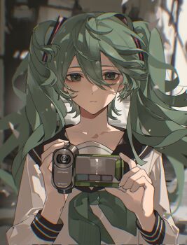 1girl aegyo_sal black_sailor_collar blurry blurry_background camcorder camera chouti_ttt closed_mouth collarbone collared_shirt depth_of_field dot_nose expressionless green_eyes green_hair green_neckerchief hair_between_eyes hair_ornament hands_up hashtag-only_commentary hatsune_miku highres holding holding_camera long_hair long_sleeves looking_at_viewer neckerchief sailor_collar school_uniform serafuku shirt sidelocks solo twintails upper_body video_camera vocaloid white_shirt wind