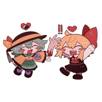 ! !! 2girls ahoge black_eyes black_footwear black_hat black_skirt black_vest blonde_hair blood blood_on_arm bloody_knife bloody_weapon bone boots buttons chibi chibi_only closed_eyes collared_shirt diamond_(shape) diamond_button frilled_shirt frilled_shirt_collar frilled_skirt frilled_sleeves frills green_hair green_skirt hair_between_eyes hair_ornament hair_ribbon hands_up happy hat hat_ornament hat_ribbon heart heart_button highres holding holding_knife holding_limb holding_weapon knife komeiji_koishi long_sleeves medium_hair multiple_girls open_mouth red_ribbon ribbon rumia severed_arm severed_limb sharp_teeth shirt shoes simple_background skirt sleeves_past_wrists teeth tongue touhou upper_teeth_only vest weapon white_background white_shirt wide_sleeves yellow_ribbon yellow_shirt zunusama