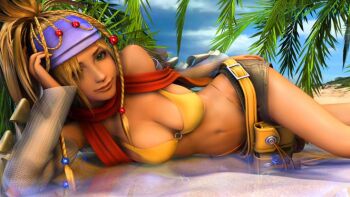 00s 1girl 3d bare_shoulders blonde_hair braid breasts cleavage female_focus final_fantasy final_fantasy_x final_fantasy_x-2 head_rest legs looking_at_viewer lying navel outdoors reflection rikku_(ff10) solo water