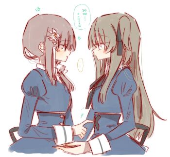 ... 2girls assault_lily black_hair black_ribbon black_skirt blush brown_hair closed_mouth commentary cropped_jacket eye_contact finger_to_another's_stomach flower flower_symbol from_side hair_flower hair_ornament hair_over_shoulder hair_ribbon hair_scrunchie hand_up high-waist_skirt highres juliet_sleeves kuo_shenlin long_hair long_sleeves looking_at_another multiple_girls neck_ribbon one_side_up parted_lips profile puffy_sleeves ribbon rui_rui_rui0122 school_uniform scrunchie sidelocks simple_background skirt speech_bubble spoken_ellipsis tassel tassel_hair_ornament translated upper_body wang_yujia white_background white_flower white_scrunchie yurigaoka_girls_academy_school_uniform