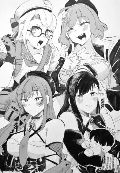 1boy 4girls ahoge anis_(nikke) bare_shoulders beret black_choker black_gloves blue_sleeves blush breasts character_doll choker cleavage commander_(nikke) counters_(nikke) doll garrison_cap glasses gloves goddess_of_victory:_nikke hair_ribbon hairband hat jacket kuromaru0201 large_breasts long_hair looking_at_viewer marian_(nikke) military_uniform monochrome multiple_girls necktie neon_(nikke) official_alternate_costume open_mouth rapi_(nikke) rapi_(red_hood)_(nikke) ribbon short_hair short_necktie smile