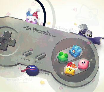 :d :o beam_kirby blue_skin blush_stickers closed_mouth colored_skin commentary_request controller d-pad game_controller gooey_(kirby) green_skin hat ice_kirby jester_cap kirby kirby_(series) looking_at_viewer marx_(kirby) meta_knight nintendo no_humans open_mouth orange_hat red_hat revision simple_background smile super_famicom_gamepad suyasuyabi twitter_username two-tone_headwear waving white_background yellow_skin