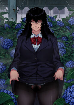 1girl black_eyes black_hair black_jacket black_skirt bow bowtie breasts brown_pantyhose closed_mouth clothes_lift collared_shirt female_pubic_hair glasses highres jacket jun_(rojiura_jack) large_breasts long_hair looking_at_viewer mole mole_under_mouth no_panties original outdoors pantyhose plump pubic_hair rain red_bow red_bowtie school school_uniform shirt skirt skirt_lift smile solo thighs torn_clothes torn_pantyhose wet wet_clothes wet_hair white_shirt