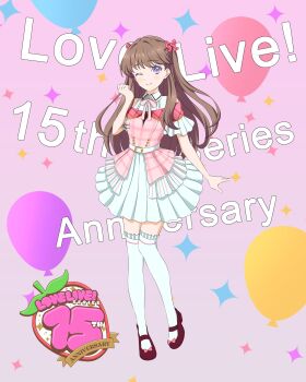 1girl ;) alternate_costume bare_shoulders blush brown_hair collared_dress commentary_request dress frilled_thighhighs frills fujishima_megumi full_body highres kujo_awenn link!_like!_love_live! long_hair looking_at_viewer love_live! mary_janes off_shoulder one_eye_closed pink_background pink_shirt purple_eyes red_shoes shirt shoes smile solo sparkle_background text_background thighhighs two_side_up virtual_youtuber white_dress white_thighhighs
