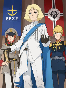 3girls alternate_universe artesia_som_deikun black_eyes blue_coat blue_eyes blue_pants blue_sash cape coat crowley_hamon earth_federation earth_federation_space_forces epaulettes feet_out_of_frame flag good_end grey_coat grey_hat gundam gundam_gquuuuuux hand_on_own_hip hat highres holding holding_sword holding_weapon laofuzi_dai_bansho matilda_ajan military_uniform mobile_suit_gundam multiple_girls orange_hair pants queen revision sash sayla_mass science_fiction short_hair spoilers standing sword weapon white_cape white_coat white_pants zeon