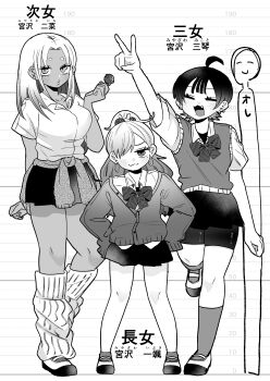 3girls absurdres ahoge bow bowtie breasts cardigan clothes_around_waist commentary_request dark_skin gennkinauma greyscale gyaru hair_over_one_eye highres jewelry long_hair loose_socks monochrome multiple_girls open_mouth original school_uniform skirt smile socks sweater_vest