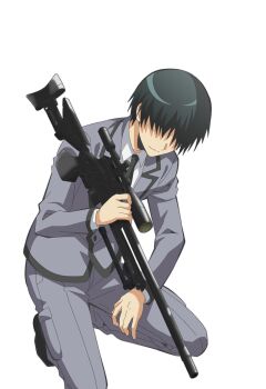 1boy anime_coloring ansatsu_kyoushitsu black_hair black_necktie chiba_ryuunosuke closed_mouth collared_shirt grey_jacket grey_pants gun hair_over_eyes higami_aya highres holding holding_gun holding_weapon jacket kneeling kunugigaoka_middle_school_uniform male_focus necktie official_art pants rifle school_uniform shirt simple_background smile sniper_rifle solo tachi-e transparent_background weapon white_shirt