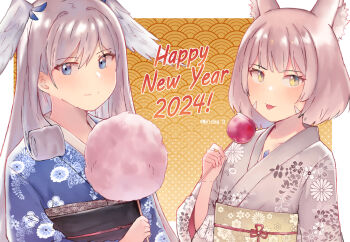 Rule 34 | 2girls, :p, animal ear fluff, animal ears, artist name, blue eyes, blue kimono, border, candy apple, cat ears, cat girl, commentary, cotton candy, curled ends, dot nose, english commentary, eyelashes, facial mark, floral print, floral print kimono, food, grey hair, grey kimono, happy new year, head wings, highres, japanese clothes, kimono, long hair, looking at viewer, meidza d, melia antiqua, multiple girls, new year, nia (xenoblade), outside border, print kimono, tongue, tongue out, twitter username, whisker markings, white border, wings, xenoblade chronicles (series), xenoblade chronicles 3, yellow eyes