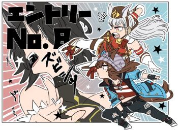 3girls aged_down animal_ears asuka_(junerabitts) bare_shoulders beanie black_hair black_pants blue_jacket bow bowtie brown_hair cleavage_cutout clothing_cutout dice dice_necklace ears_through_headwear gold_ship_(red_strife)_(umamusume) gold_ship_(umamusume) grey_hair grey_hat hat horse_ears horse_girl jacket jewelry kin'iro_ryotei_(umamusume) long_hair multiple_girls nakayama_festa_(shichuukyuukatsu)_(umamusume) nakayama_festa_(umamusume) necklace open_clothes open_jacket pants pillbox_hat red_bow red_bowtie red_shirt shirt short_hair striped_clothes striped_shirt umamusume white_footwear