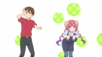 1boy 1girl aida_taketo animated animated_gif anime_screenshot apron breasts cleavage collarbone dancing dragon_girl dragon_horns fang gradient_hair happy height_difference horns huge_breasts ilulu_(maidragon) kobayashi-san_chi_no_maidragon looking_at_viewer matching_hair/eyes multicolored_hair open_mouth pants pointy_ears purple_hair red_eyes red_hair shirt shortstack slit_pupils smile twintails