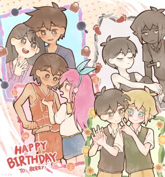 2girls 5boys :d absurdres antenna_hair aubrey_(headspace)_(omori) aubrey_(omori) ball bare_arms bare_shoulders basil_(faraway)_(omori) basil_(omori) basketball_(object) black_eyes black_hair black_shirt black_skin black_sweater_vest black_tank_top blonde_hair blue_eyes blue_skirt blue_sweater blush bow bright_pupils brother_and_sister brothers brown_background brown_eyes brown_hair brown_pants cardigan closed_eyes closed_mouth collared_shirt colored_skin commentary couple cowboy_shot dark-skinned_male dark_skin denim denim_skirt double-parted_bangs dual_persona english_commentary eye_contact face-to-face finger_to_another&#039;s_cheek flower frying_pan green_sweater_vest hair_behind_ear hair_between_eyes hand_up happy_birthday hero_(faraway)_(omori) hero_(omori) hetero highres holding_hands hugging_own_leg interlocked_fingers jacket kel_(faraway)_(omori) kel_(omori) knee_up knife long_hair long_sleeves looking_at_another mari_(faraway)_(omori) mari_(omori) miniskirt multiple_boys multiple_girls no_sclera omori omori_(omori) open_mouth orange_shorts orange_tank_top pants picnic_basket puffy_long_sleeves puffy_short_sleeves puffy_sleeves purple_cardigan red_bow shirt short_hair short_sleeves shorts siblings simple_background sitting skirt smile stab standing straight_hair stranger_(omori) sun sunflower sunny_(omori) sweater sweater_vest tank_top teeth thatbirdcanfly too_many_watermarks u_u upper_body upper_teeth_only very_short_hair watermark white_eyes white_jacket white_pupils white_shirt white_skin yaoi