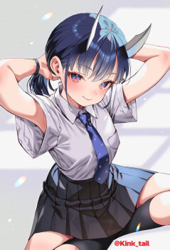 Rule 34 | 1girl, aoki ruri, arms behind head, artist name, blue eyes, blue hair, blue necktie, breast pocket, breasts, closed mouth, collared shirt, commentary request, dragon girl, dragon horns, grey skirt, grey socks, horns, kink (tortoiseshell), looking at viewer, medium hair, multicolored eyes, necktie, pleated skirt, pocket, red eyes, ruridragon, school uniform, shirt, short sleeves, sitting, skirt, small breasts, smile, socks, solo, two-tone eyes, white horns, white shirt