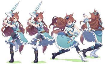 1girl :o :t absurdres ahoge animal_ears asymmetrical_footwear bike_shorts black_footwear black_thighhighs boots bow braid brown_eyes brown_hair closed_mouth ear_bow high-waist_skirt highres holding holding_umbrella horse_ears horse_girl horse_tail long_hair mejiro_bright_(umamusume) mismatched_footwear motion_blur multiple_views nishiki_kazue puffy_short_sleeves puffy_sleeves sequential short_sleeves simple_background skirt standing standing_on_one_leg tail thigh_strap thighhighs umamusume umbrella v-shaped_eyebrows white_background white_footwear