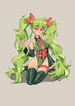 1girl :/ absurdres artist_logo asseiiy bare_shoulders belt boots collarbone commentary detached_sleeves food-themed_hair_ornament food_print fruit_print full_body green_boots green_hair green_leotard grey_background hair_ornament hand_in_own_hair hatsune_miku highres leotard logo long_hair looking_at_viewer necktie print_leotard red_belt red_eyes red_necktie seiza shadow sidelocks simple_background sitting solo thigh_belt thigh_boots thigh_strap twintails untranslatable_commentary very_long_hair vocaloid watermelon_hair_ornament watermelon_miku_(kaatokun) watermelon_print