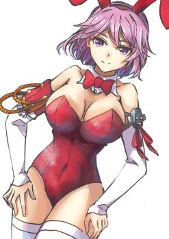 1girl alternate_costume animal_ears arm_warmers bare_shoulders blush bow bowtie breasts bunny_day cleavage covered_navel detached_collar dutch_angle giuseppe_garibaldi_(kancolle) highleg kantai_collection large_breasts leotard looking_at_viewer pink_eyes pink_hair playboy_bunny rabbit_ears red_leotard short_hair simple_background smile solo strapless strapless_leotard swimsuit thighhighs tonke traditional_bowtie white_background white_thighhighs wrist_cuffs