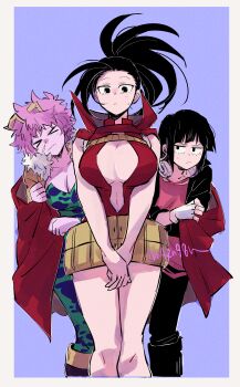 >_< 3girls absurdres ashido_mina bibiri_(r42r98r) black_eyes black_hair black_jacket black_pants blue_background boku_no_hero_academia border breasts center_opening cleavage closed_mouth collarbone colored_skin commentary_request feet_out_of_frame fingerless_gloves frown gloves headphones headphones_around_neck high_collar highres horns jacket jiro_kyoka large_breasts leotard long_earlobes looking_at_another looking_at_viewer messy_hair multiple_girls open_clothes open_leotard outside_border own_hands_together pants pink_hair pink_shirt pink_skin red_leotard shared_blanket shirt short_hair snot standing superhero_costume sweatdrop twitter_username v_arms white_border white_gloves wide_ponytail yaoyorozu_momo yellow_horns