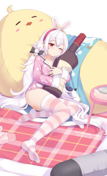 1girl animal_ear_hairband animal_ears artist_name ass azur_lane black_bow bow chinese_commentary closed_mouth commentary_request dated dot_mouth fake_animal_ears feet full_body hair_between_eyes hair_bow hair_ornament hairband highres hugging_object laffey_(azur_lane) laffey_(sleep_to_clean_another_day)_(azur_lane) long_hair looking_at_viewer loungewear low_twintails manjuu_(azur_lane) one_eye_closed pajamas pillow pillow_hug pink_hair rabbit_hair_ornament reclining red_eyes red_hairband slippers soles solo striped_clothes striped_thighhighs stuffed_torpedo thighhighs thighs toes twintails unworn_slippers very_long_hair xiao_shi_lullaby