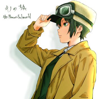 Rule 34 | 1girl, adjusting clothes, adjusting headwear, androgynous, coat, commentary request, copyright name, english text, expressionless, goggles, goggles on headwear, green eyes, green hair, hat, highres, isuke (isuke now), kino (kino no tabi), kino no tabi, profile, reverse trap, solo, upper body, ushanka, yellow coat