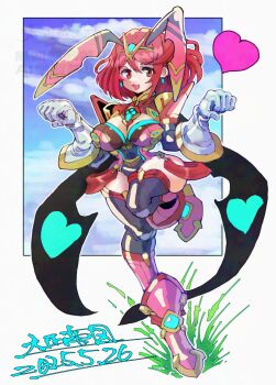 1girl breasts chest_jewel core_crystal_(xenoblade) dated earrings female_focus full_body highres jewelry large_breasts leotard oomasa_teikoku pyra_(xenoblade) rabbit_girl red_eyes red_hair red_leotard short_hair solo tiara xenoblade_chronicles_(series) xenoblade_chronicles_2