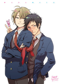Rule 34 | 2boys, ahoge, black hair, blazer, blue eyes, blush, breast pocket, brown eyes, brown hair, choppy bangs, collared shirt, cowboy shot, crossed arms, curtained hair, dated, finger puppet, fingernails, furrowed brow, grey pants, grey sweater, hand in pocket, head on another's shoulder, jacket, koizumi itsuki, kyon, lapels, leaning on person, looking at viewer, loose necktie, male focus, multiple boys, necktie, nose blush, notched lapels, open clothes, open jacket, pants, parted bangs, pocket, puppet, raised eyebrows, red necktie, school uniform, shirt, short hair, signature, simple background, smile, standing, suzumiya haruhi no yuuutsu, sweatdrop, sweater, unbuttoned, untucked shirt, v, v-neck, v-shaped eyebrows, wavy mouth, white background, white shirt, zkakq