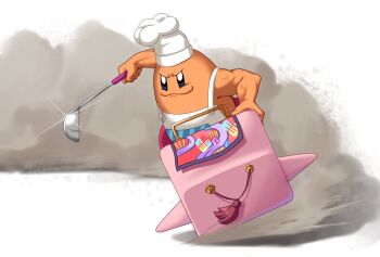 1boy 2025 :3 apron bare_arms blue_eyes chef_hat chef_kawasaki clenched_hands closed_mouth colored_skin commentary drifting feet full_body hat holding holding_ladle kirby_(series) kirby_air_ride kirby_air_riders ladle male_focus muscular_arms natsuring0 nintendo orange_skin riding serious simple_background smile smoke solo veins veiny_arms wagon_star white_apron white_background