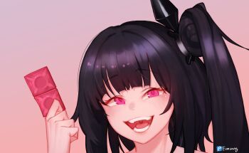 1girl architect_(girls'_frontline) black_hair commentary condom condom_packet_strip condom_wrapper eonsang girls'_frontline highres holding holding_condom korean_text long_hair looking_at_viewer one_side_up open_mouth pink_eyes portrait sangvis_ferri solo speech_bubble teeth tongue translation_request variant_set