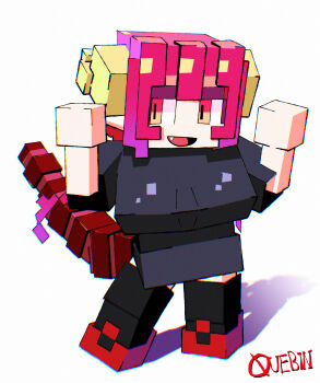 absurdres arms_up breasts dragon_girl dragon_horns dragon_tail fang grey_shirt highres horns huge_breasts ilulu_(maidragon) kobayashi-san_chi_no_maidragon large_breasts long_shirt minecraft minecraft_(style) multicolored_hair pink_hair quebin_tijuana red_eyes red_shoes self-upload shirt shoes simple_background smile tail