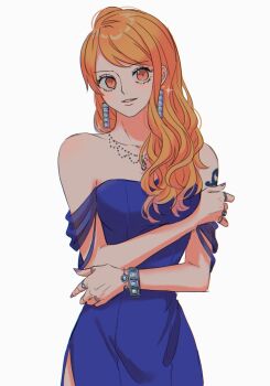 1girl arm_tattoo bare_shoulders blue_dress bracelet commentary_request cowboy_shot dress earrings fingernails hdksz_39 highres jewelry long_fingernails long_hair nami_(one_piece) necklace one_piece orange_eyes orange_hair purple_nails ring simple_background smile solo tattoo white_background