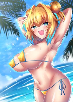 Rule 34 | 1girl, armpits, arms behind head, arms up, beach, bikini, blonde hair, blue hair, blue sky, bombergirl, breasts, clover-shaped pupils, commentary request, double bun, hair bun, highres, large breasts, looking at viewer, medium hair, multicolored hair, navel, open mouth, outdoors, pine (bombergirl), shiki (catbox230123), side-tie bikini bottom, sideboob, sky, smile, solo, swimsuit, symbol-shaped pupils, two-tone hair, two side up, water, yellow bikini