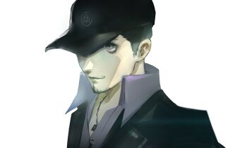 Rule 34 | 1boy, absurdres, baseball cap, black hair, black hat, black jacket, blue shirt, closed mouth, collared shirt, commentary, english commentary, facial hair, gekkoukan high school uniform, grey eyes, hat, highres, iori junpei, jacket, jewelry, male focus, necklace, persona, persona 3, school uniform, shirt, short hair, smoogiearts, solo, upper body, very short hair, white background