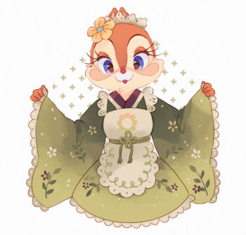 Rule 34 | 1girl, alternate costume, blue eyes, chipmunk ears, chipmunk girl, cla321rice, clarice (disney), disney, eyelashes, flower, hair ornament, japanese clothes, kimono, looking at viewer, mickey mouse &amp; friends, open mouth, simple background, smile, solo, white background, yukata