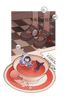 1girl black_hair black_pantyhose candy chibi closed_eyes cup ellen_joe fins fish_tail food hashtag-only_commentary lollipop pantyhose scar scar_on_tail shark_girl shark_tail short_hair solo tail teacup washan zenless_zone_zero