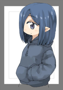 Rule 34 | 1girl, blue eyes, blue hair, blue hoodie, closed mouth, croixsan, cyclops, drawstring, hand in pocket, hood, hood down, hoodie, image sample, long sleeves, medium hair, one-eyed, original, parted bangs, pointy ears, solo