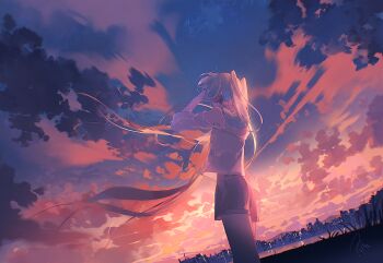 1girl adjusting_headphones agyou_sonokou_l aqua_hair astronauts_(vocaloid) bare_shoulders clothing_cutout cloud cloudy_sky commentary_request cowboy_shot dusk dutch_angle facing_ahead floating_hair from_behind from_below grey_shorts hatsune_miku highres long_hair mixed-language_commentary outdoors shirt short_shorts shorts shoulder_cutout signature sky skyline solo star_(sky) starry_sky three-quarter_sleeves twintails very_long_hair vocaloid white_shirt