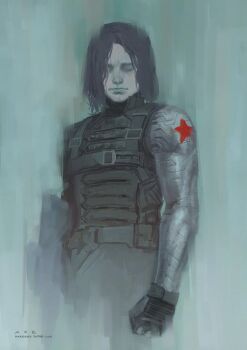 1boy armor brown_hair bucky_barnes captain_america:_the_winter_soldier captain_america_(series) clenched_hand closed_eyes fingerless_gloves gloves holster huangdanlan male_focus marvel mechanical_arms muted_color prosthesis prosthetic_arm shoulder_holster single_mechanical_arm solo upper_body winter_soldier