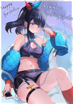 1girl absurdres bare_shoulders black_gloves black_hair black_panties black_shirt black_skirt blue_eyes blue_jacket blush breasts cellphone character_name cleavage crop_top dated gloves gridman_universe happy_birthday highres jacket large_breasts leg_tattoo long_hair long_sleeves looking_at_viewer microskirt navel official_alternate_costume official_alternate_hairstyle open_clothes open_jacket panties phone ponytail puffy_long_sleeves puffy_sleeves shirt signature skindentation skirt smartphone smile solo ssss.gridman stomach takarada_rikka tao_xiaofan_pduk tattoo thigh_strap thighs underwear