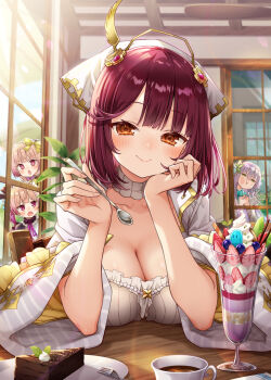 +_+ 4girls alt_(ctrldel) atelier_(series) atelier_lydie_&amp;_suelle atelier_sophie black_dress breasts brown_eyes cake cake_slice cheek_press choker cleavage closed_mouth collarbone cup day dress elbow_rest fingernails food fork fruit green_eyes green_ribbon hair_ornament hair_ribbon highres holding holding_spoon huge_breasts indoors long_sleeves looking_at_viewer lydie_malen medium_hair multiple_girls parfait pink_eyes pink_hair plachta plate ribbon smile solo_focus sophie_neuenmuller spoon strawberry strawberry_slice suelle_malen table teacup whipped_cream white_choker white_dress window