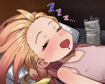 bare_shoulders beer_can blonde_hair can commentary_request covered_erect_nipples drink_can hair_rings league_of_legends loli mimizuki90 open_mouth sleep_molestation tank_top upper_body zoe_(league_of_legends) zzz